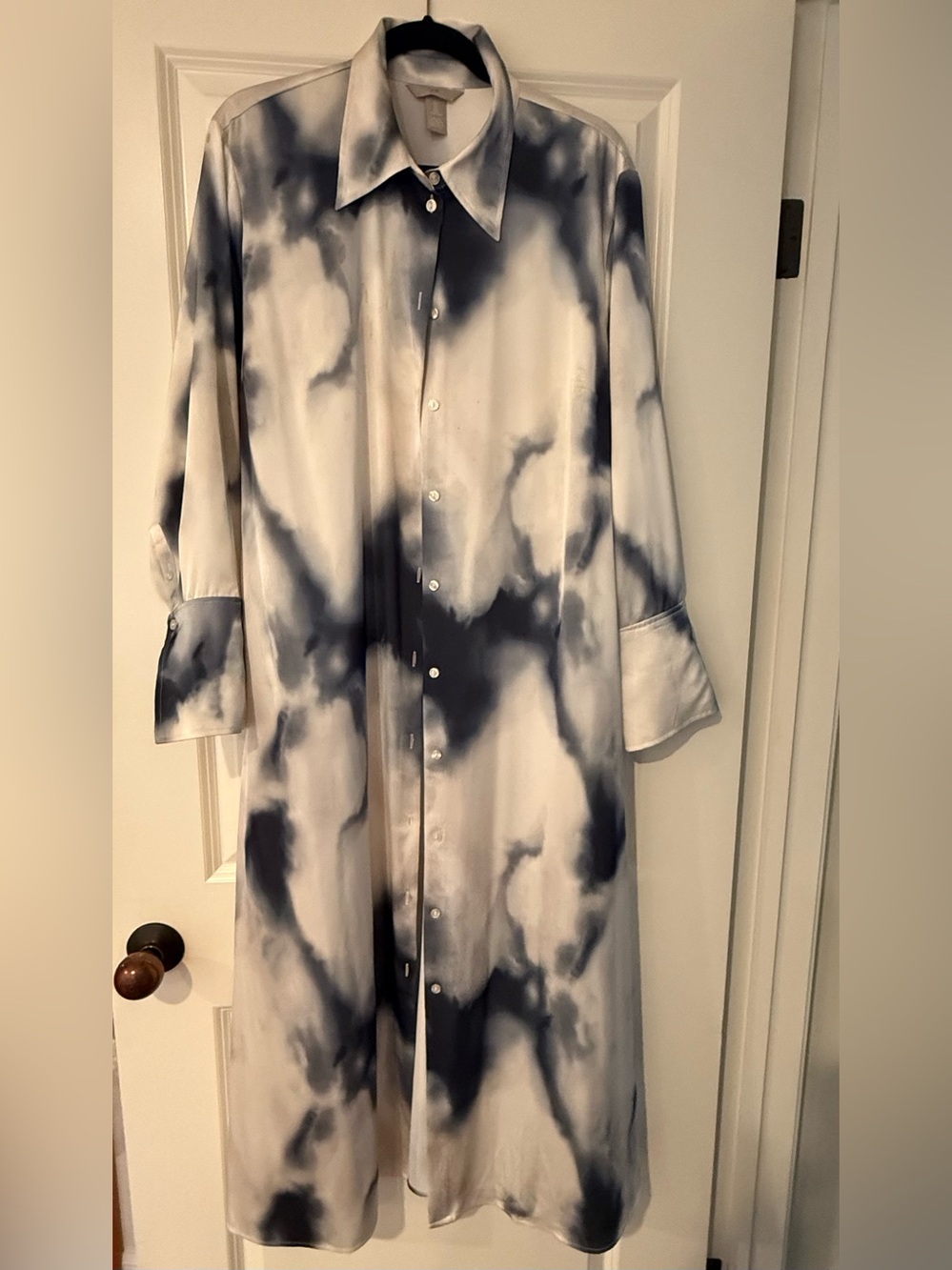 H&M Marble-Print Long Duster Dress in White & blue.
